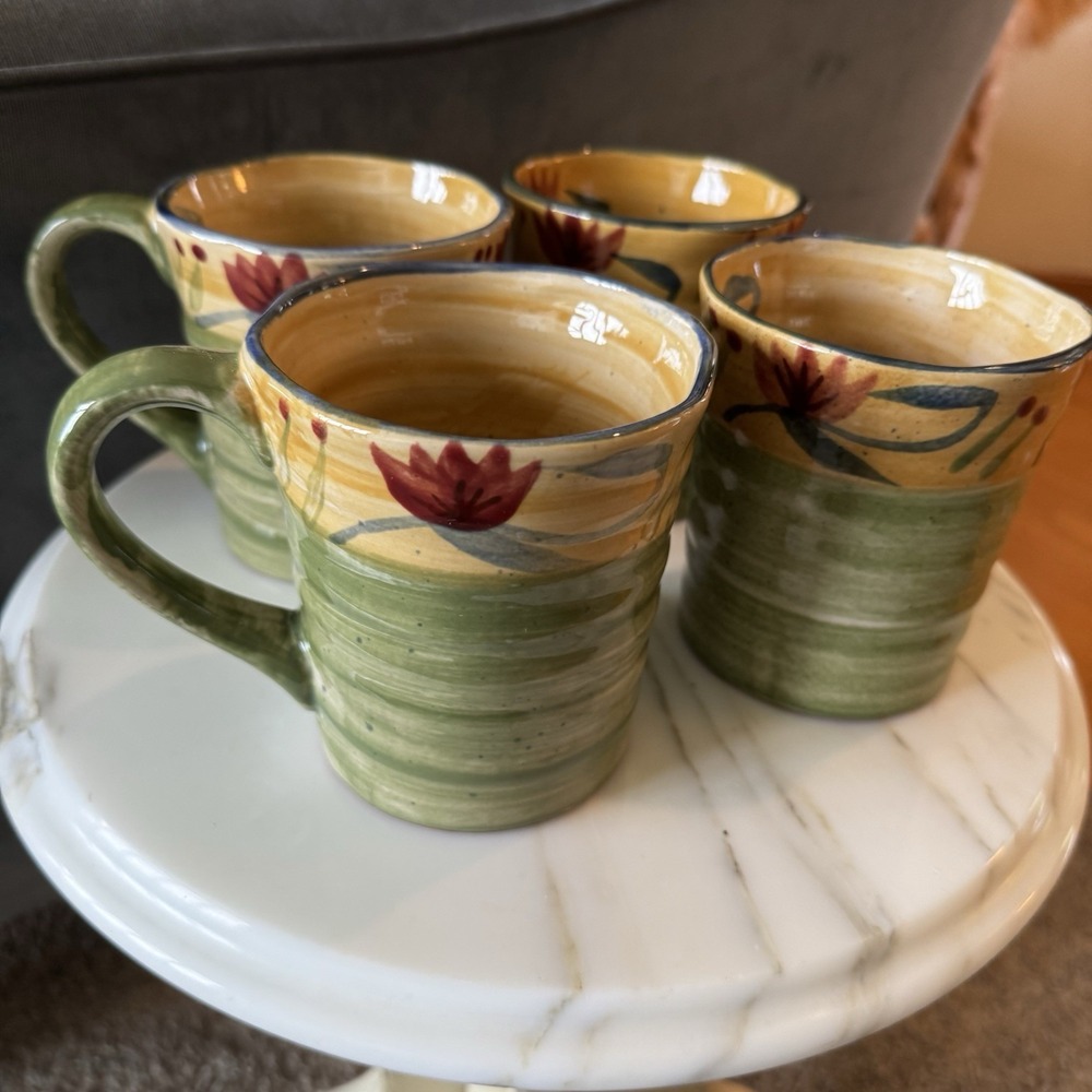 Pier 1 Elizabeth Hand Painted Stoneware Floral Green Blue Red Mugs (Lot of 4)
